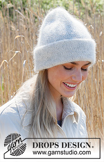 Pegasus / DROPS 234-41 - Cappello lavorato ai ferri in DROPS Flora e DROPS Kid-Silk. Lavorato dal basso verso l’alto a maglia rasata con bordo doppio da piegare. Taglie: M – XL.