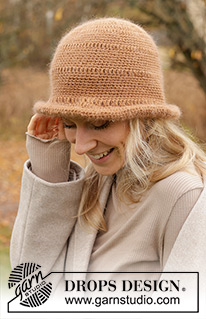 Tree Rings Hat / DROPS 234-81 - Chapeau crocheté en DROPS Flora en DROPS Kid-Silk. Se crochète de haut en bas avec point ajouré et bordure. Du S au XL.
