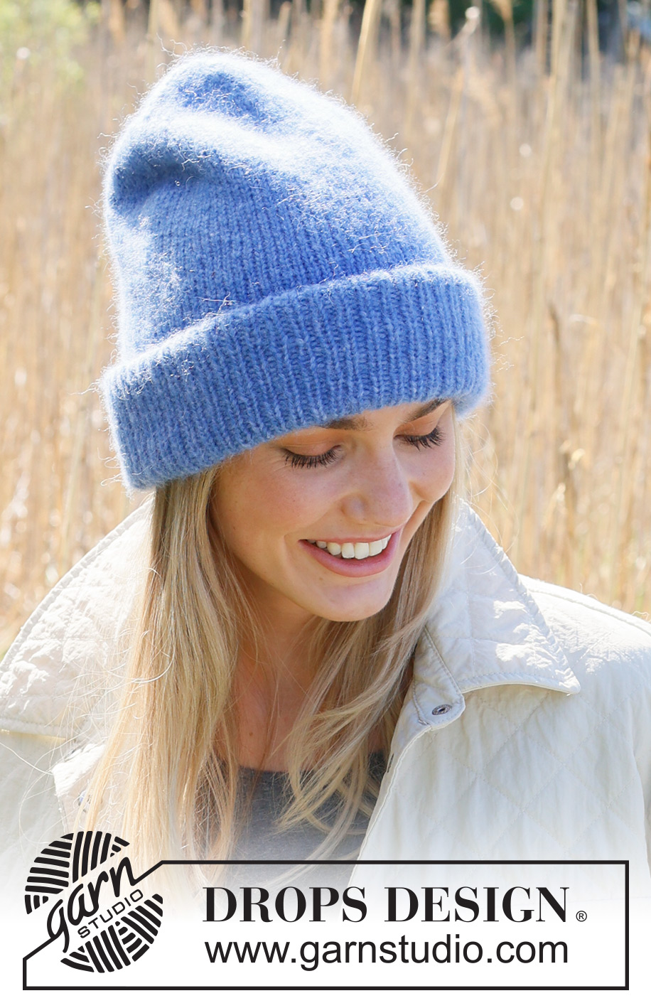 Isle Waters / DROPS 234-9 - Knitted hat / hipster hat in DROPS Air. Piece is knitted top down in stocking stitch with double folding edge in rib.