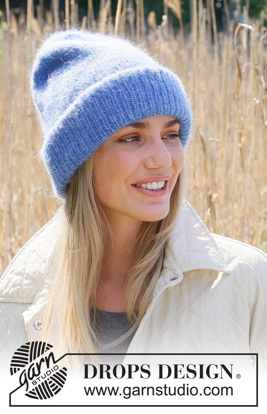 Isle Waters / DROPS 234-9 - Knitted hat / hipster hat in DROPS Air. Piece is knitted top down in stocking stitch with double folding edge in rib.