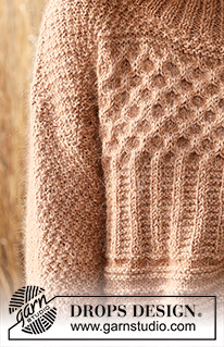 Cracked Walnuts Sweater / DROPS 235-1 - Alhaalta ylös neulottu pusero DROPS Kid-Silk- ja DROPS Puna- / DROPS Merino Extra Fine -langoista. Työssä on kohoneuletta, ainaoikeinneuletta, palmikoita, kaksinkertainen pääntien reunus ja joustinneuletta. Koot XS - XXL.