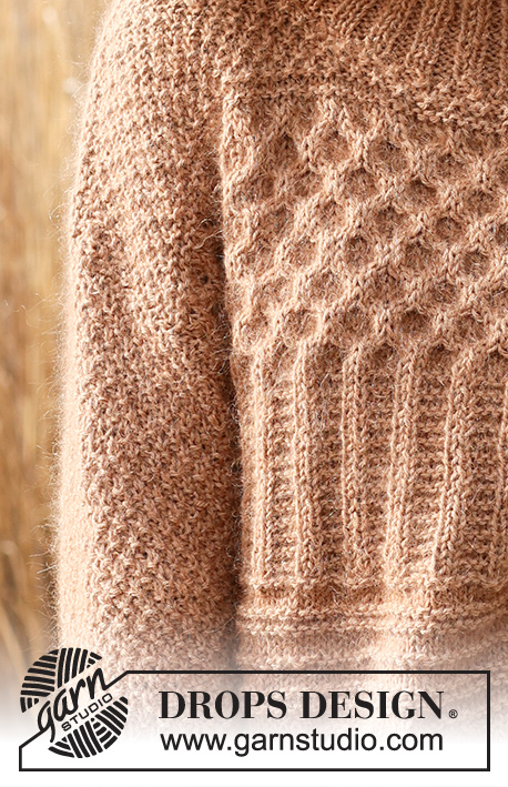 Cracked Walnuts Sweater / DROPS 235-1 - Alhaalta ylös neulottu pusero DROPS Kid-Silk- ja DROPS Puna- / DROPS Merino Extra Fine -langoista. Työssä on kohoneuletta, ainaoikeinneuletta, palmikoita, kaksinkertainen pääntien reunus ja joustinneuletta. Koot XS - XXL.