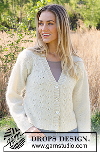 Southern Migration Cardigan / DROPS 235-14 - Strikket cardigan i DROPS Merino Extra Fine og DROPS Kid-Silk. Arbejdet strikkes nedefra og op med reliefmønster, v-hals og isyede ærmer. Størrelse S - XXXL.