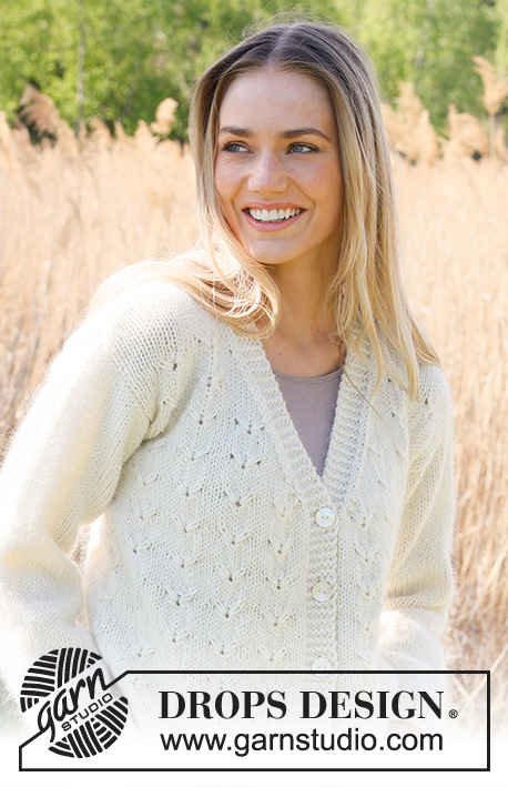 Southern Migration Cardigan / DROPS 235-14 - Strikket cardigan i DROPS Merino Extra Fine og DROPS Kid-Silk. Arbejdet strikkes nedefra og op med reliefmønster, v-hals og isyede ærmer. Størrelse S - XXXL.