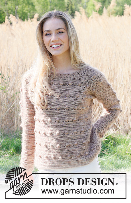 Coconut Grove / DROPS 235-15 - Hæklet bluse i DROPS Alpaca og DROPS Kid-Silk. Arbejdet hækles nedenfra og op med bobler. Størrelse XS - XXL.