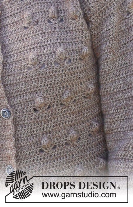 Coconut Grove Cardigan / DROPS 235-16 - Hæklet cardigan i DROPS Alpaca og DROPS Kid-Silk. Arbejdet hækles nedefra og op med bobler. Størrelse XS - XXL.