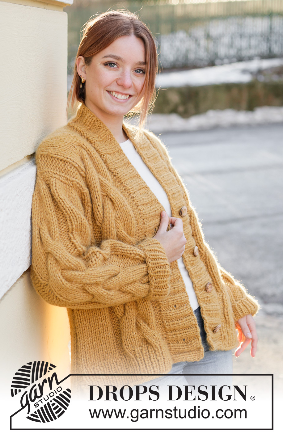 Golden Hour Cardigan / DROPS 235-22 - Knitted jacket in 1 strand DROPS Wish or 2 strands DROPS Air. The piece is worked bottom up with cables, V-neck and split in the sides. Sizes S - XXXL.