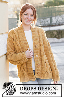 Golden Hour Cardigan / DROPS 235-22 - Knitted jacket in 1 strand DROPS Wish or 2 strands DROPS Air. The piece is worked bottom up with cables, V-neck and split in the sides. Sizes S - XXXL.