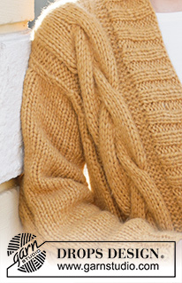 Golden Hour Cardigan / DROPS 235-22 - Knitted jacket in 1 strand DROPS Wish or 2 strands DROPS Air. The piece is worked bottom up with cables, V-neck and split in the sides. Sizes S - XXXL.