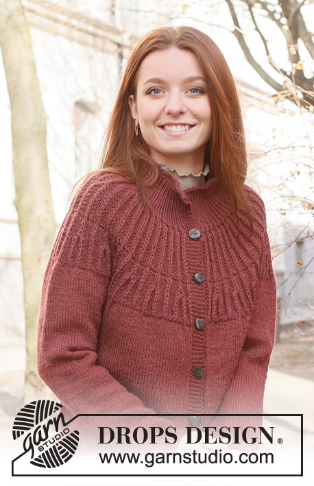 Autumn Cardinal Cardigan / DROPS 235-23 - Ylhäältä alas neulottu jakku DROPS Lima-langasta. Työssä on kaarroke ja patenttisilmukoita. Koot S-XXXL.