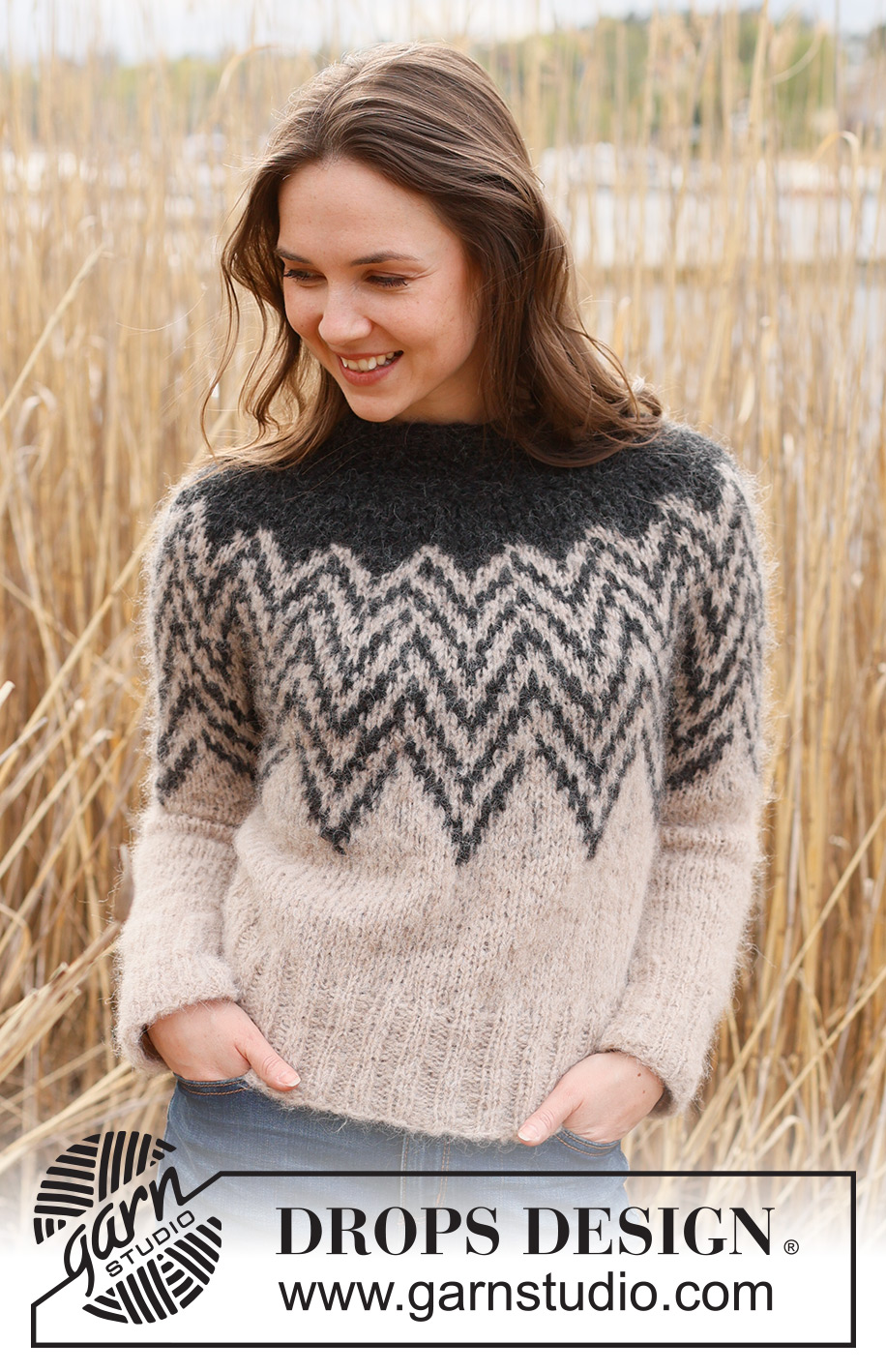 Inverted Peaks Sweater / DROPS 235-4 - Knitted sweater in DROPS Melody. The piece is worked top down with double neck, round yoke and two-colored pattern. Sizes S - XXXL.