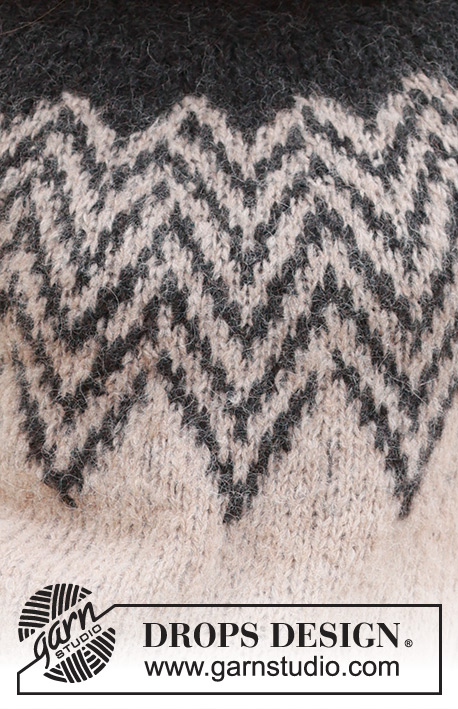 Inverted Peaks Sweater / DROPS 235-4 - Knitted sweater in DROPS Melody. The piece is worked top down with double neck, round yoke and two-colored pattern. Sizes S - XXXL.