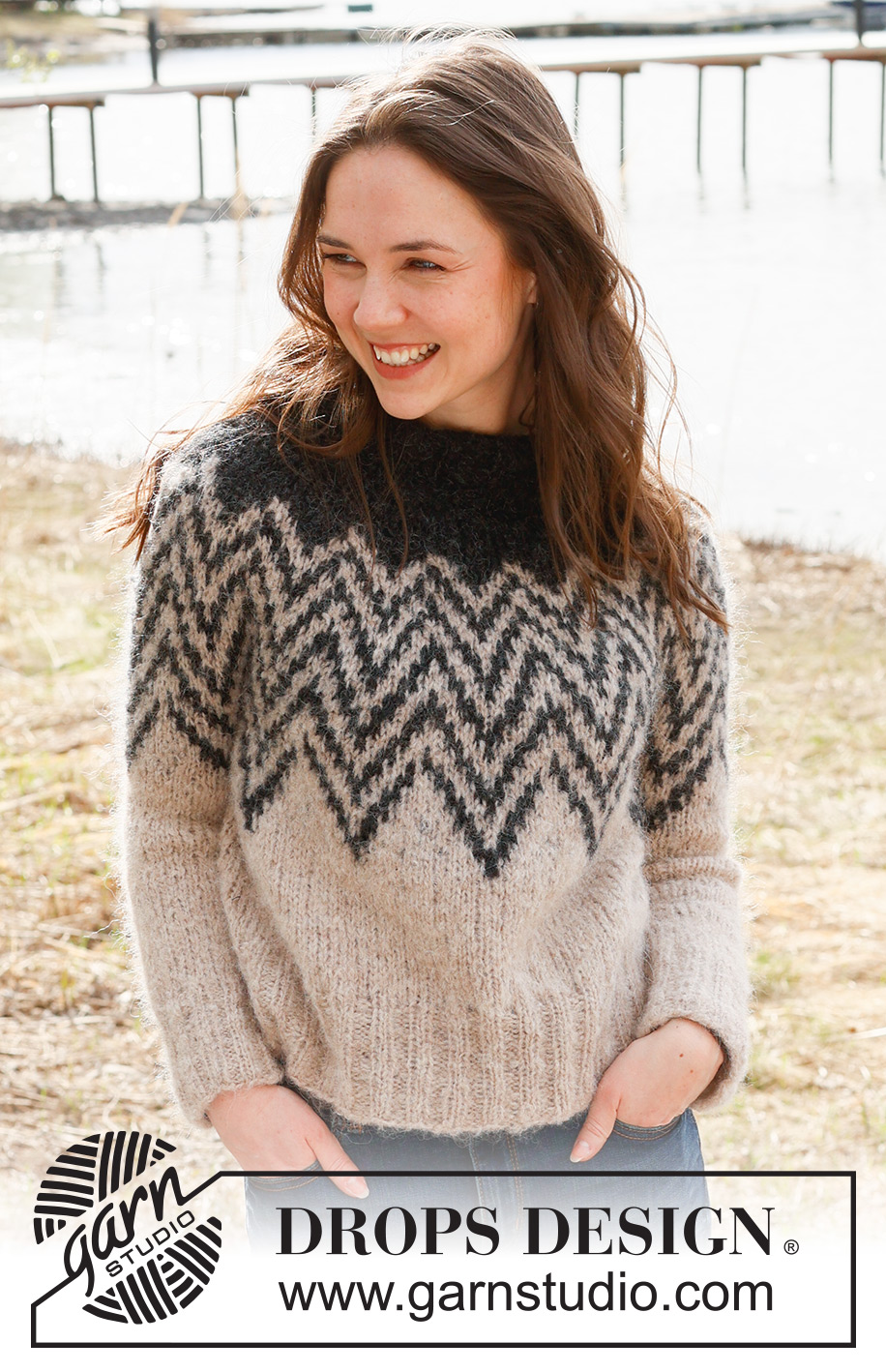 Inverted Peaks Sweater / DROPS 235-4 - Knitted sweater in DROPS Melody. The piece is worked top down with double neck, round yoke and two-colored pattern. Sizes S - XXXL.