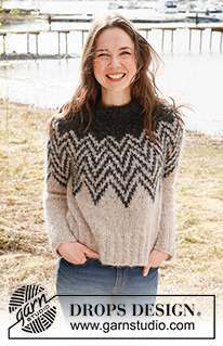 Inverted Peaks Sweater / DROPS 235-4 - Knitted sweater in DROPS Melody. The piece is worked top down with double neck, round yoke and two-colored pattern. Sizes S - XXXL.