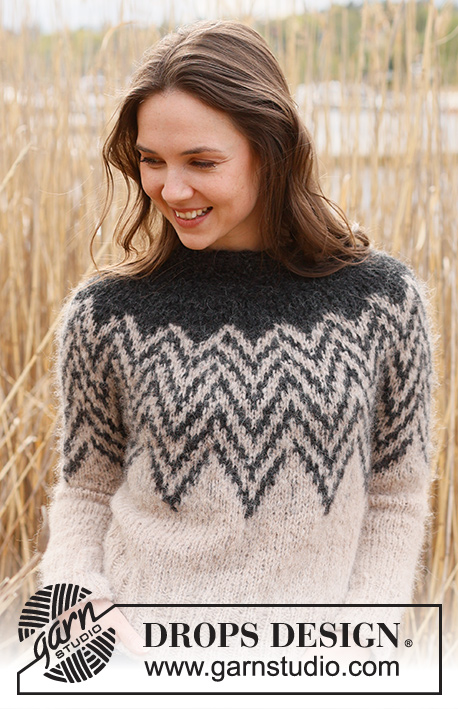 Inverted Peaks Sweater / DROPS 235-4 - Knitted sweater in DROPS Melody. The piece is worked top down with double neck, round yoke and two-colored pattern. Sizes S - XXXL.
