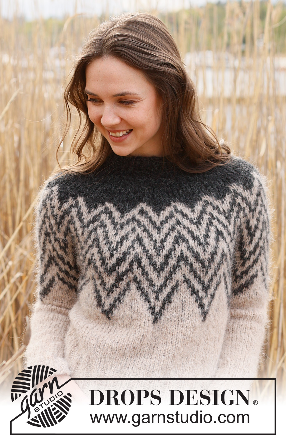Inverted Peaks Sweater / DROPS 235-4 - Knitted sweater in DROPS Melody. The piece is worked top down with double neck, round yoke and two-colored pattern. Sizes S - XXXL.