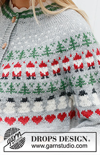 Christmas Time Cardigan / DROPS 235-40 - Knitted jacket in DROPS Karisma. The piece is worked top down, with round yoke and coloured pattern of Santa, Christmas tree, snowman and heart. Sizes S - XXXL. Theme: Christmas.