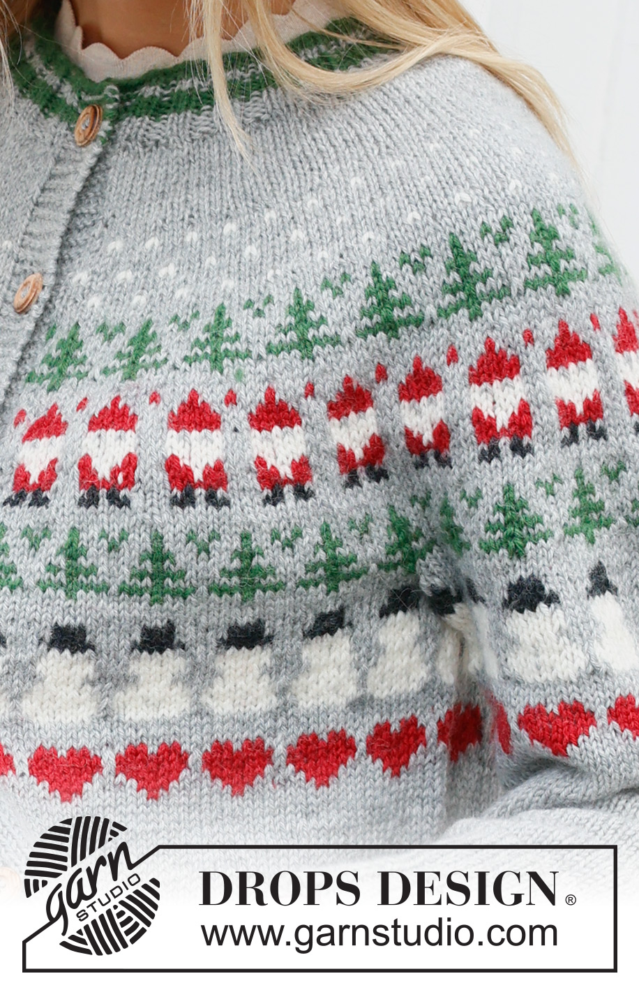 Christmas Time Cardigan / DROPS 235-40 - Knitted jacket in DROPS Karisma. The piece is worked top down, with round yoke and coloured pattern of Santa, Christmas tree, snowman and heart. Sizes S - XXXL. Theme: Christmas.