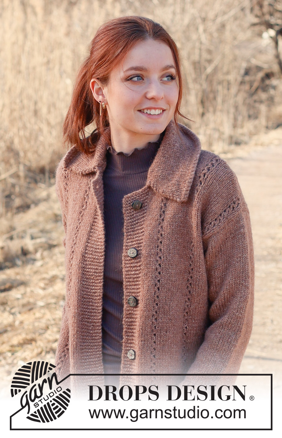 Late Autumn Cardigan / DROPS 235-9 - DROPS Air lõngast alt üles kootud pitsmustriga ja suure kraega kardigan suurustele S kuni XXXL