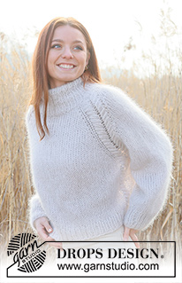 Winter Feather / DROPS 236-1 - Ylhäältä alas neulottu pusero 5-kertaisesta DROPS Kid-Silk -langasta tai 2-kertaisesta DROPS Brushed Alpaca Silk -langasta. Työssä on raglanlinjat, palmikoita ja kaksinkertainen pääntien reunus. Koot S-XXXL.