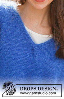 Cornflower Blues / DROPS 236-10 - Sweter na drutach, przerabiany od dołu do góry, dżersejem, z dekoltem V, 3 nitkami DROPS Kid-Silk lub 1 nitką DROPS Melody. Od S do XXXL