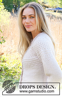 Miss Summerbee Cardigan / DROPS 236-11 - Ylhäältä alas neulottu jakku DROPS Flora-langasta. Työssä on kaksinkertainen pääntien reunus ja kaarroke, jossa on kohoneuletta. Koot S-XXXL.