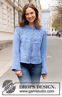 Rain Romance Jacket / DROPS 236-13 - DROPS Air lõngast ülevalt alla kootud pitsmustriga ümara passega ja topeltkaelusega kardigan suurustele S kuni XXXL