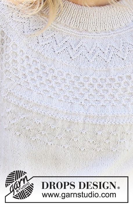 Miss Summerbee Sweater / DROPS 236-2 - Ylhäältä alas neulottu pusero DROPS Flora-langasta. Työssä on kaksinkertainen pääntien reunus ja kaarroke, jossa on kohoneuletta. Koot S-XXXL.