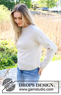 Miss Summerbee Sweater / DROPS 236-2 - Ylhäältä alas neulottu pusero DROPS Flora-langasta. Työssä on kaksinkertainen pääntien reunus ja kaarroke, jossa on kohoneuletta. Koot S-XXXL.