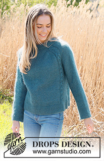 Cabled Bliss / DROPS 236-25 - Ylhäältä alas neulottu pusero 2-kertaisesta DROPS Kid-Silk -langasta. Työssä on kaksinkertainen pääntien reunus, satulaolkapäät ja palmikoita. Koot S-XXXL.