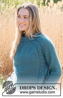 Cabled Bliss / DROPS 236-25 - Ylhäältä alas neulottu pusero 2-kertaisesta DROPS Kid-Silk -langasta. Työssä on kaksinkertainen pääntien reunus, satulaolkapäät ja palmikoita. Koot S-XXXL.
