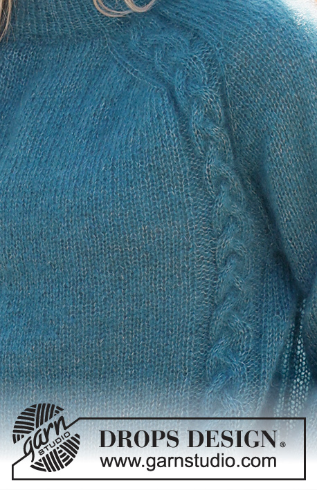 Cabled Bliss / DROPS 236-25 - Ylhäältä alas neulottu pusero 2-kertaisesta DROPS Kid-Silk -langasta. Työssä on kaksinkertainen pääntien reunus, satulaolkapäät ja palmikoita. Koot S-XXXL.