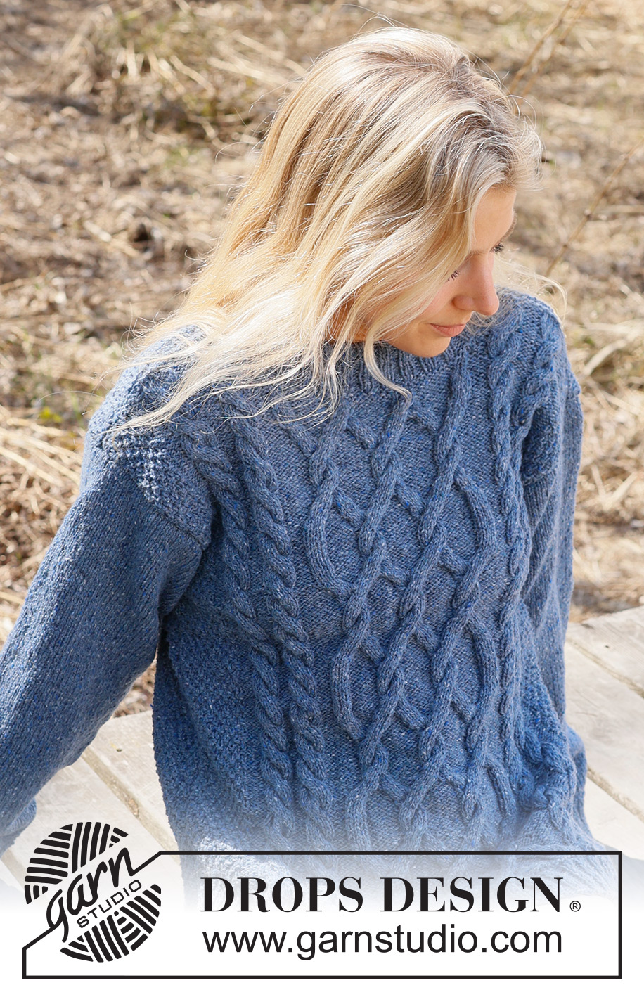 Blue Diamond / DROPS 236-29 - Knitted jumper in DROPS Soft Tweed. Piece is knitted bottom up with cables, moss stitch, double neck edge and sewn-in sleeves. Size: S - XXXL