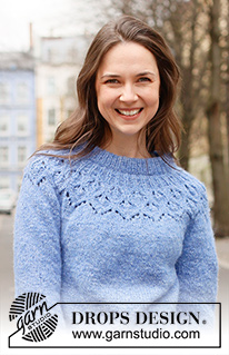 Rain Romance Sweater / DROPS 236-3 - Ylhäältä alas neulottu pusero DROPS Air-langasta. Työssä on kaksinkertainen pääntien reunus, kaarroke ja pitsineuletta. Koot S-XXXL.