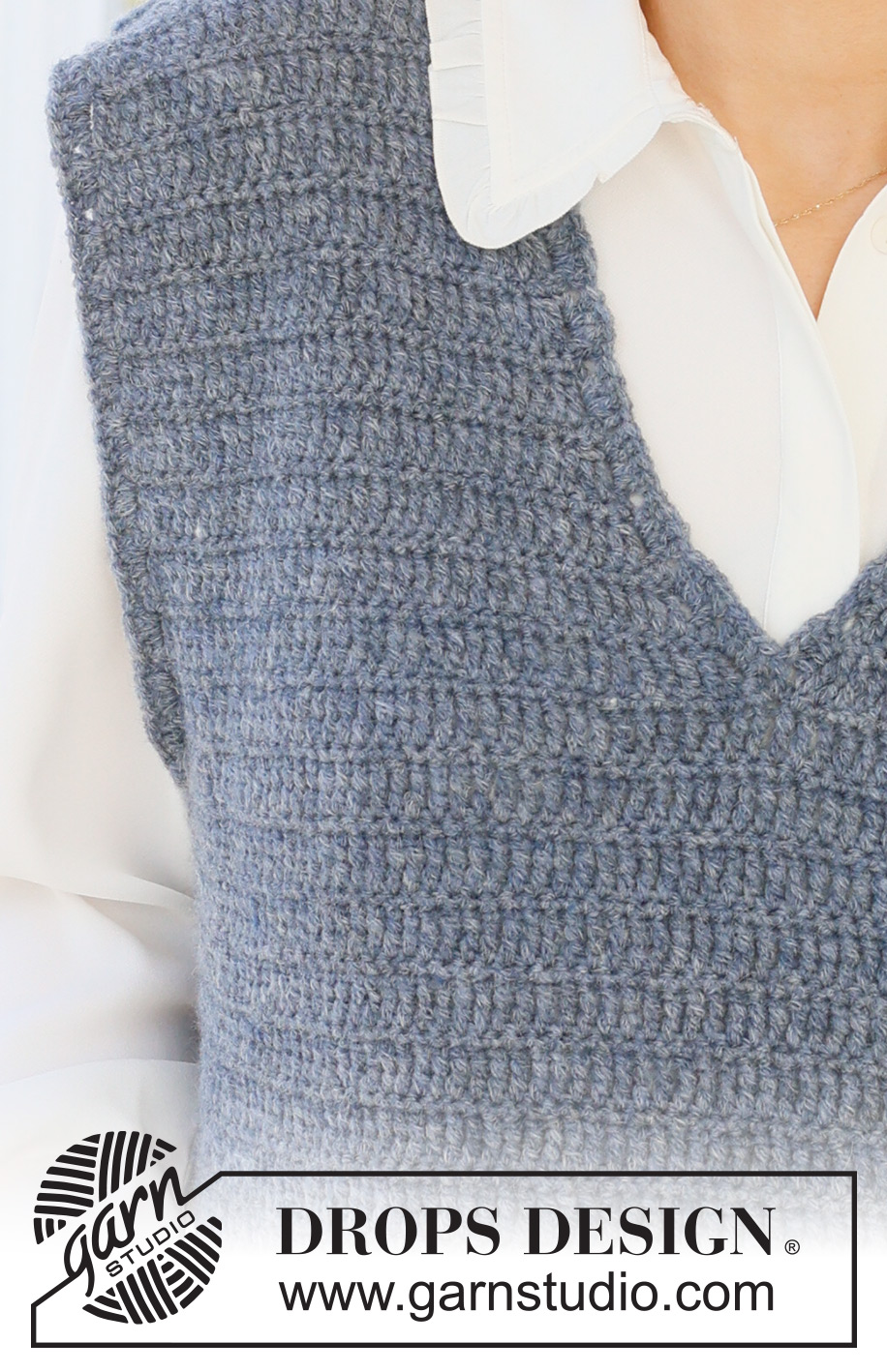 Lake View Vest / DROPS 236-32 - Crocheted vest in DROPS Sky. The piece is worked bottom up with relief-pattern, V-neck and split in the sides. Sizes S - XXXL.
