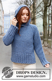Chaperon Bleu / DROPS 236-4 - Alhaalta ylös neulottu pusero DROPS Snow-langasta. Työssä on sileää neuletta, raglanlinjat ja huppu. Koot S-XXXL.