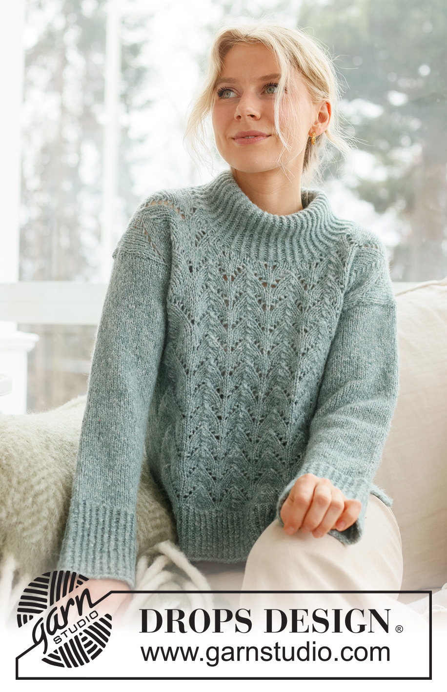 Forest Embrace / DROPS 237-1 - Knitted jumper in DROPS Air. The piece is worked bottom up, with lace pattern, split in the sides and high neck. Sizes S - XXXL.