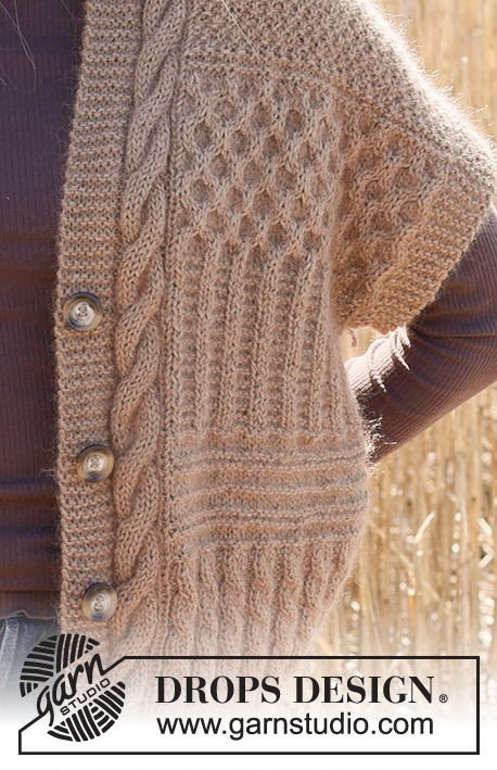 Cracked Walnuts Vest / DROPS 237-10 - Knitted vest in DROPS Kid-Silk and DROPS Puna / DROPS Merino Extra Fine. Piece is knitted bottom up with textured pattern, ridges, cables and rib. Size XS – XXL.
