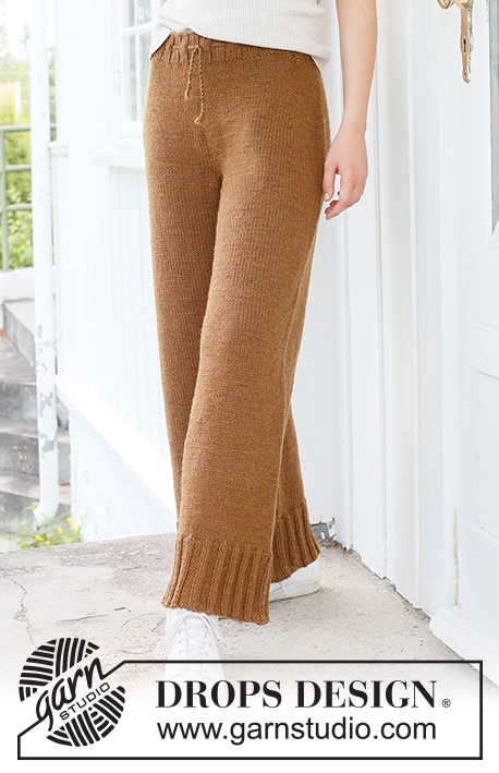 Comfy Caramel Trousers / DROPS 237-15 - Ylhäältä alas neulotut housut DROPS Alaska-langasta. Työssä on sileää neuletta. Koot S-XXXL.