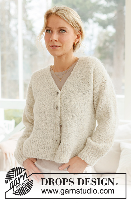 Snuggly Hug / DROPS 237-28 - Knitted jacket in DROPS Alpaca Bouclé and DROPS Kid-Silk. Piece is knitted bottom up in stocking stitch with vents in the sides, V-neck and edges in rib. Size XS – XXL.
