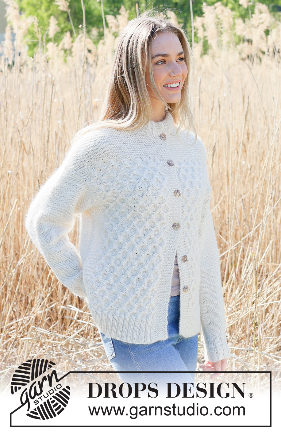 Snowy Bee Cardigan / DROPS 237-29 - Knitted jacket in DROPS Puna and DROPS Kid-Silk. Piece is knitted top down with honeycomb pattern, garter stitch and double neck edge. Size: S - XXXL