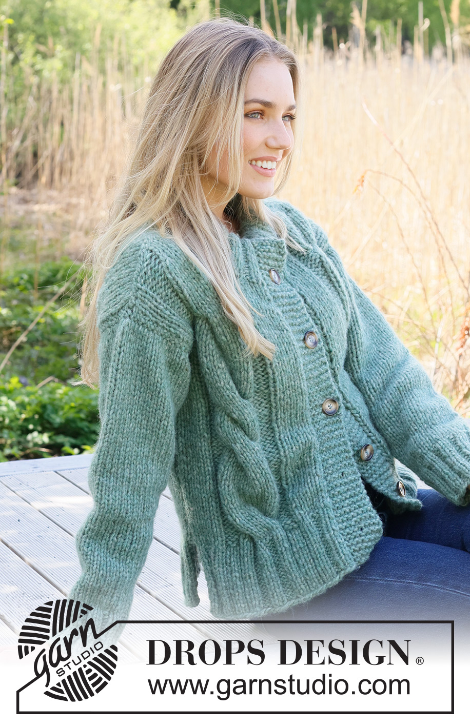 Scent of Sage Cardigan / DROPS 237-37 - Knitted jacket in DROPS Wish or 2 strands DROPS Air. The piece is worked bottom up with cables and double neck. Sizes S - XXXL.