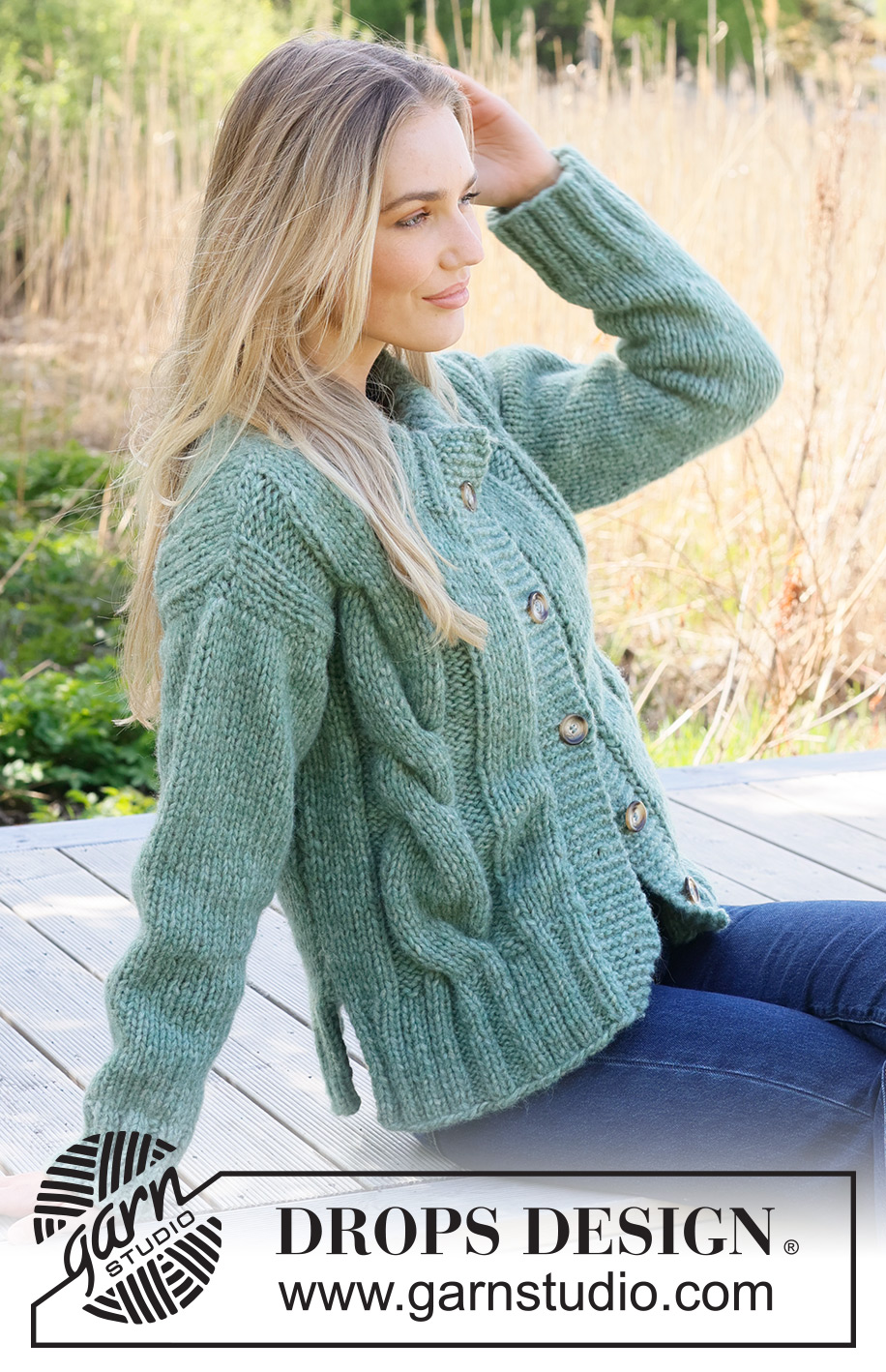 Scent of Sage Cardigan / DROPS 237-37 - Knitted jacket in DROPS Wish or 2 strands DROPS Air. The piece is worked bottom up with cables and double neck. Sizes S - XXXL.