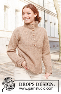 Travellers Rest / DROPS 237-8 - Alhaalta ylös neulottu pusero DROPS Soft tweed- ja DROPS Kid-Silk -langoista. Työssä on korkea kaulus. Koot S-XXXL.