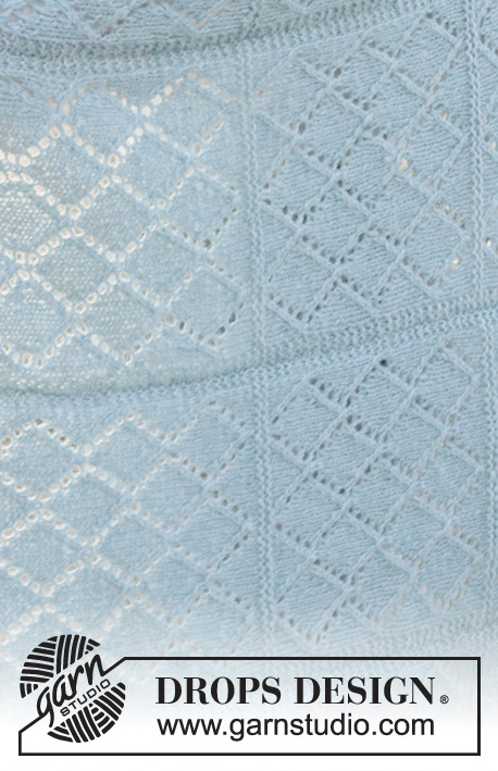 Seaside Shimmer / DROPS 238-1 - Gebreide deken in DROPS Sky en DROPS Brushed Alpaca Silk. Het werk wordt heen en weer gebreid in stroken, met ribbelsteek en kantpatroon.