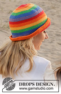 Double Rainbow Hat / DROPS 238-20 - Gehaakte hoed in DROPS Paris. Het werk wordt in de rondte gehaakt, van boven naar beneden, met regenboogstrepen. Maten S - XL.
