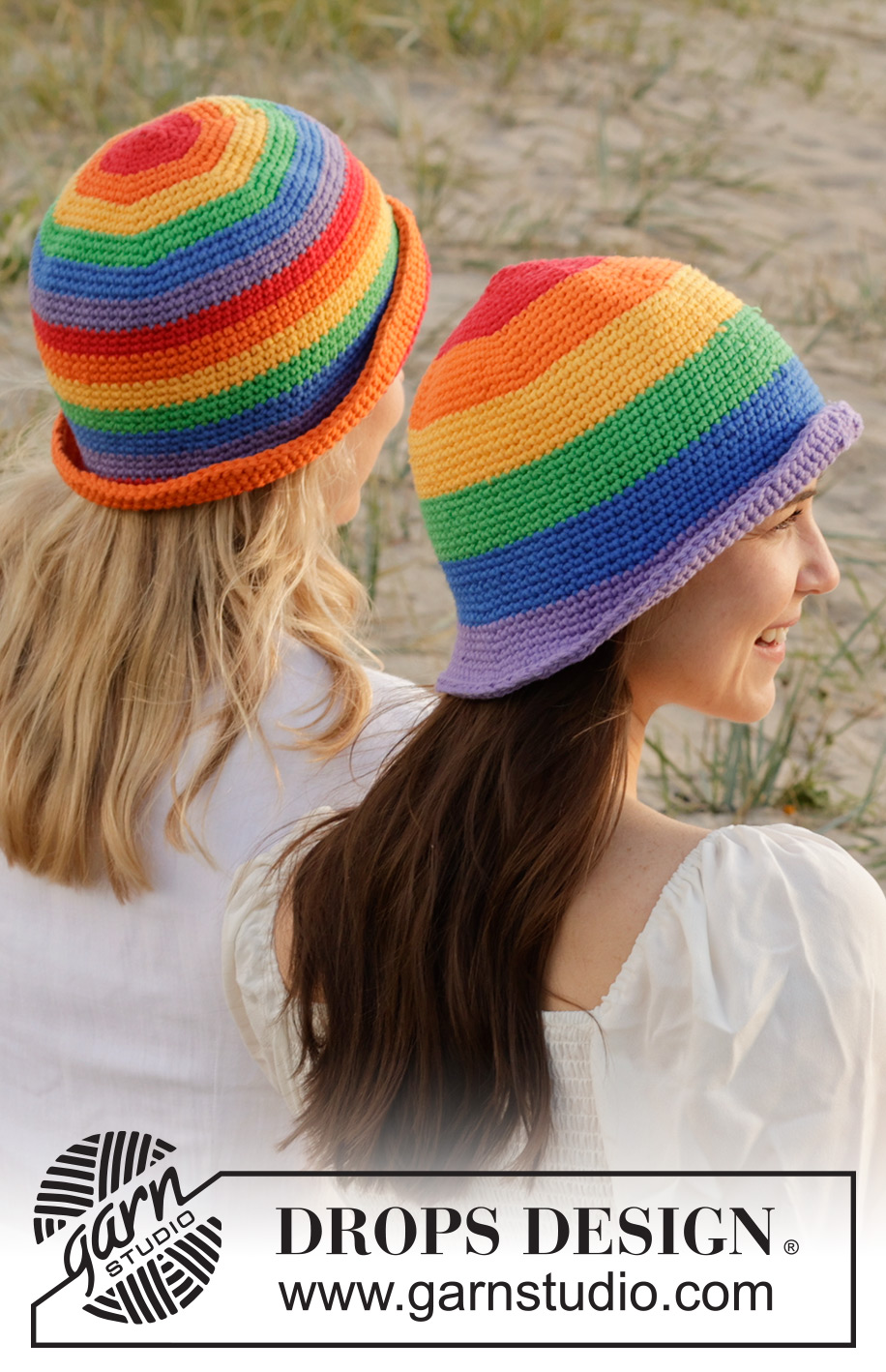 Double Rainbow Hat / DROPS 238-20 - Gehaakte hoed in DROPS Paris. Het werk wordt in de rondte gehaakt, van boven naar beneden, met regenboogstrepen. Maten S - XL.