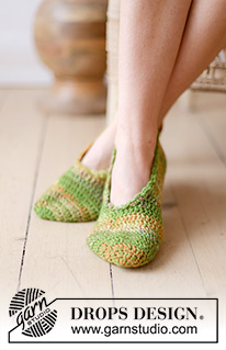 Grasshoppers / DROPS 238-24 - Chaussons crochetés avec 2 fils DROPS Fabel. Size 35 to 43
