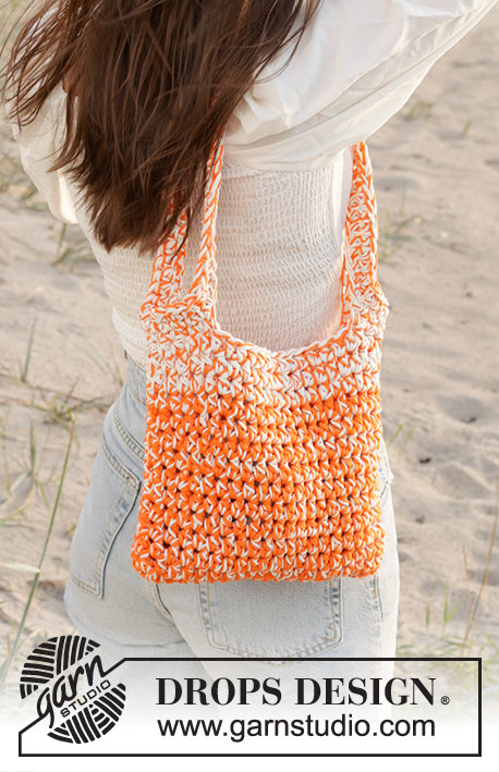 Tangerine Tickle Bag / DROPS 238-7 - Gehaakte tas in 3 draden DROPS Paris. Het werk wordt van onder naar boven gehaakt