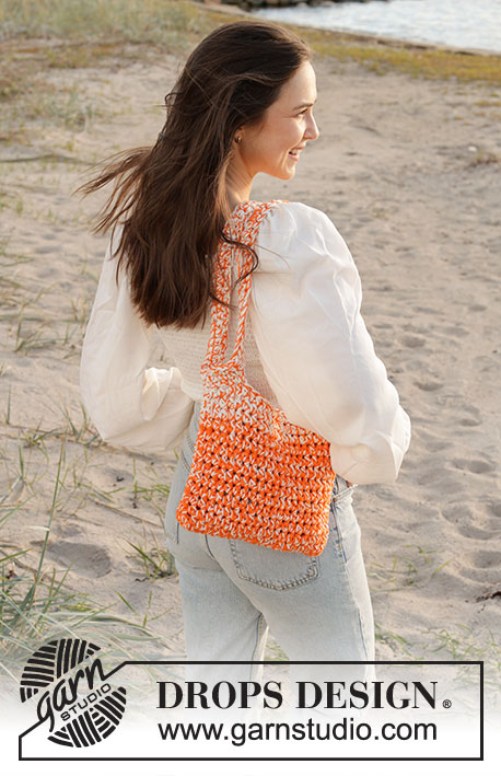 Tangerine Tickle Bag / DROPS 238-7 - Gehaakte tas in 3 draden DROPS Paris. Het werk wordt van onder naar boven gehaakt